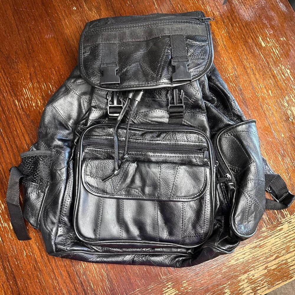 Vintage Patched Leather Multi Pocket Backpack - Picture 1 of 15